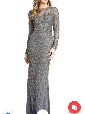 Mac Duggal Gray Beaded Long Sleeve Evening Gown